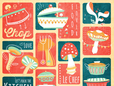 Kitchen Pattern Johanna Fritz casseroles illustration mats mushrooms pattern