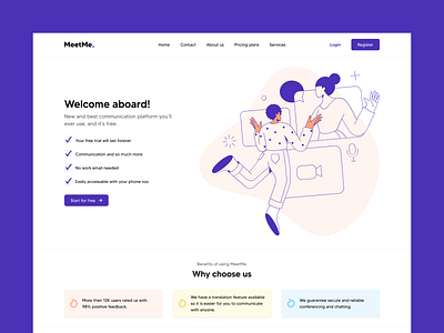 MeetMe communication platform aesthetic colorful illustration playfull simple ui ux website