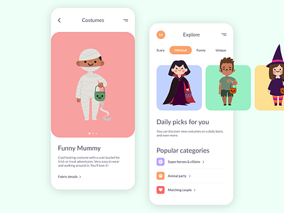 App for halloween costumes aesthetic app button category color colour costume halloween menu pastel selector simple slider trick or treat ui ux