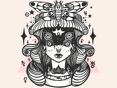 Death Head Moth & Four Eyed Girl Illustration A0025 adobe draw black line art moth pink strange vector art vector illustration white