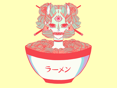 Monster Oni Girl + Ramen Noodle Bowl Illustration