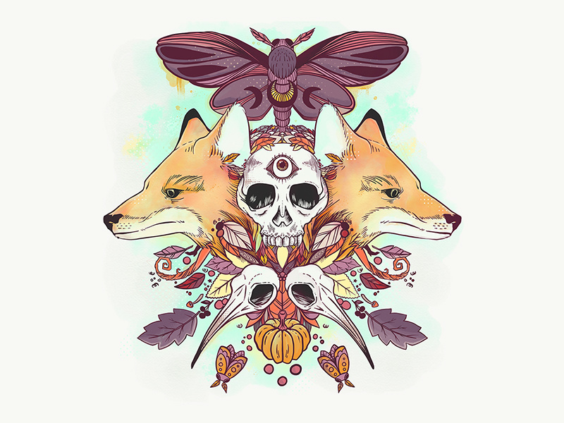 Foxes & Skulls Autumn Illustration fall autumn skulls moth fox foxes digital art artsy artist adobe sketch drawing ipad artwork ipad art illustration apple pencil adobe draw