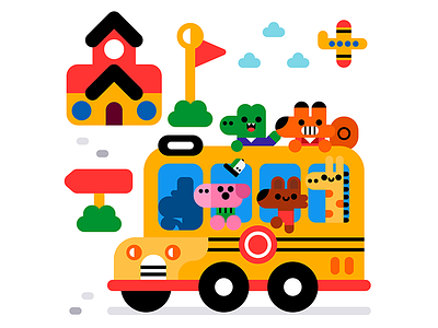 Wheels on the bus animals bus characters cute illustration kids school trip vector