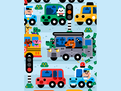 Traffic jam animals cab characters cute illustration kids police vector