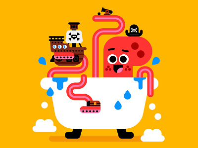 Splishy, splashy, splosh! bath chest fun illustration illustrator kids kidslit octopus pirate ship vector water