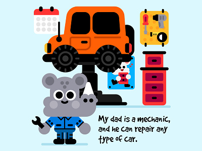 My dad the mechanic car cars illustration illustrator kids kidslit mechanic repair rhinoceros tools vector