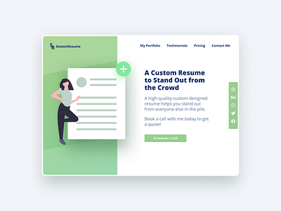 Custom Resume Designer Website abovethefold design green home page job search landing minimalist modern resume resume cv resume template ui ux