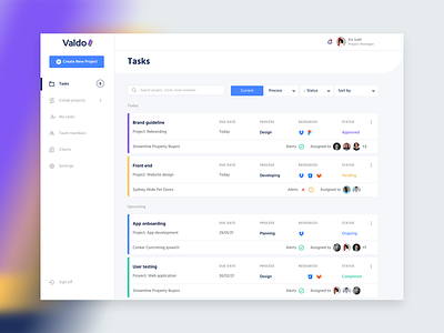 Valdo app collab dashboad figma project management task manager teamwork user interface user interface design web design
