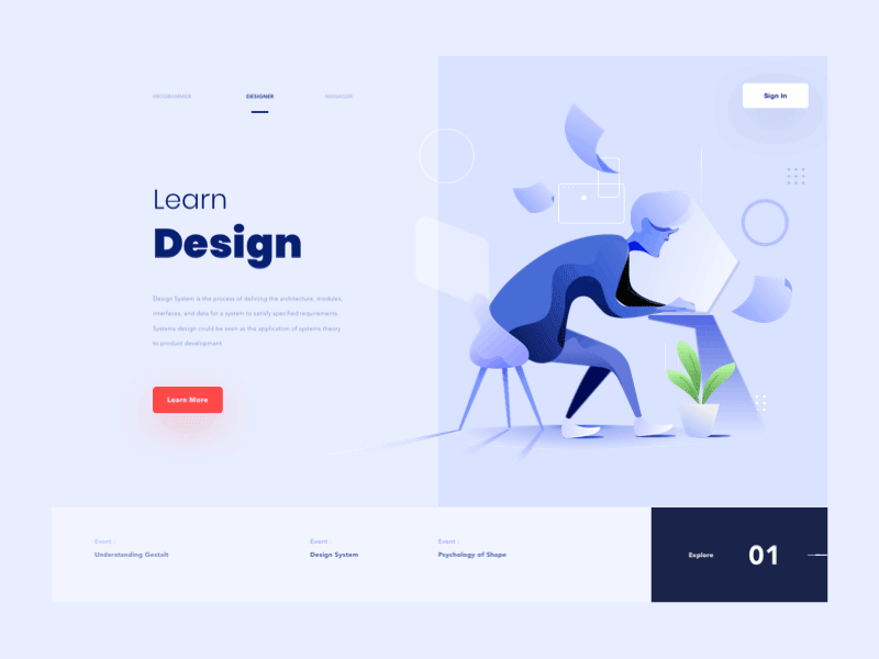 Landing page animation to learn about design principle.