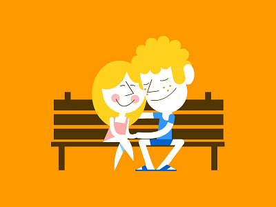 Puppy love bench boy cartoon character children couple face girl kids love orange smile