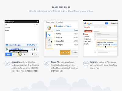 New features page design attach cloud storage clouds features file-sharing gmail illustrations layout mockups ui website