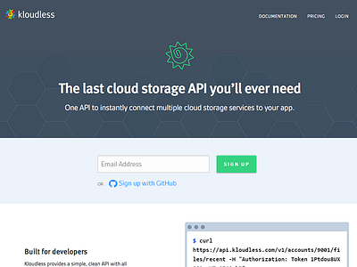Developer Platform api cloud storage code developers github header hero homepage kloudless landing page technical