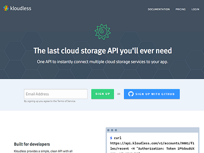 Dev Platform signup api cloud storage code developers github header hero homepage kloudless landing page sign up signup