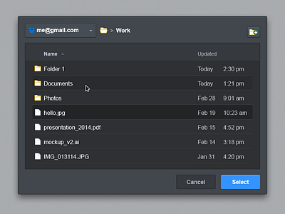 File Explorer: dark theme breadcrumbs chooser cloud explorer files folders hover icons picker selector storage ui