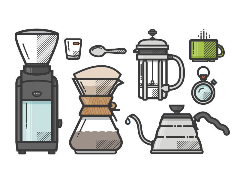 Coffee chemex coffee french press grinder icons illustration kettle shot glass spoon stop watch