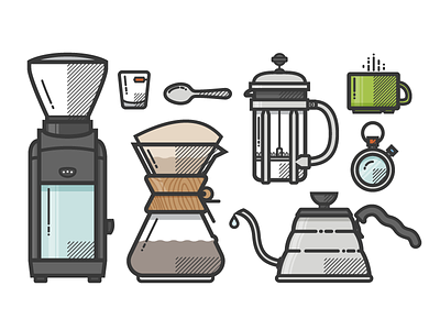 Coffee chemex coffee french press grinder icons illustration kettle shot glass spoon stop watch
