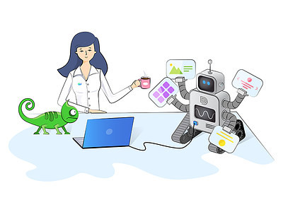 Girl and the robot builder chameleons drawing girl illustration isometric robot ui ux webnus website wordpress