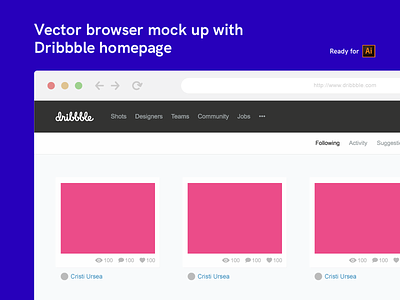 Vector browser mock up with Dribbble homepage (FREE) browser dribbble free download homepage mock up mockup vector