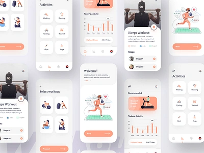 Workout App UI activities app bookmark clean ui design graphic illustration ios app mobile app mobile ui modern steps ui uidesign uidesigner uitrends uiuxdesign ux uxtrends workout