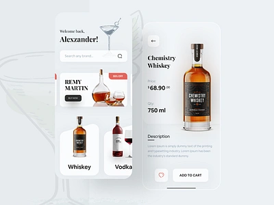 Delivery App UI Design - Light Theme alcohol alcoholapp app clean ui deliveryapp design glassmorphism ios app lighttheme minimalist mobile app mobile ui modern ui uidesign uidesigners uiuxdesign ux whiskey wineapp