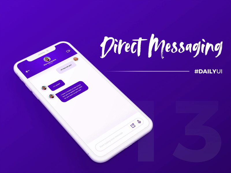 #DailyUi - 013 - Direct Messaging 100daychallenge app design appdesign contrast dailyui design direct messaging iphone app micro interaction people product design purple purple gradient ui ui design uiux designer uiuxdesign