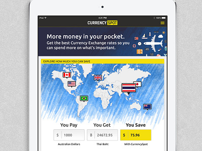 Currencyspot app finance fintech globe illustration interface ipad iphone kiosk map tablet ui