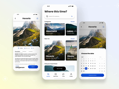 Trip booking app | UI Concept booking calendar card castle detail filter innerpage lake lakes mobileapp mountain nature navigation overview saveukraine search travel trip ukraine