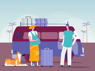 Travel composition in motion ai bus character composition desert dog family graphics green illustrations insta nature pink pregnant shot travel tree vector website