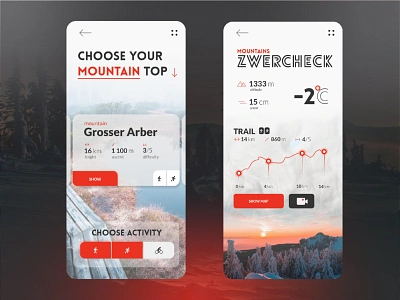 Choose your trail App app cards ui czechia germany map mobile mountains photo sport travel app trip ui uidesign uiuxdesign vacation