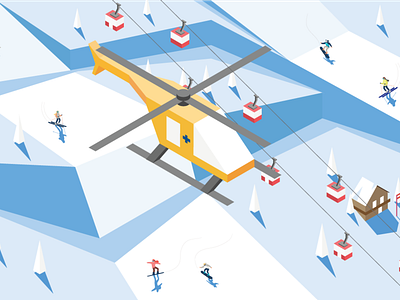 Isometric winter ski resort illustration with rescue helicopter austria design helicopter illustration isometric ski lift ski resort