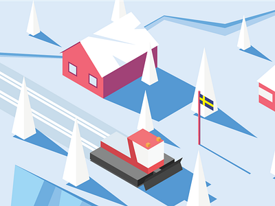 Isometric nordic countryside with ski tracks making roller cross country skiing falu röd färg illustration isometric vector winter