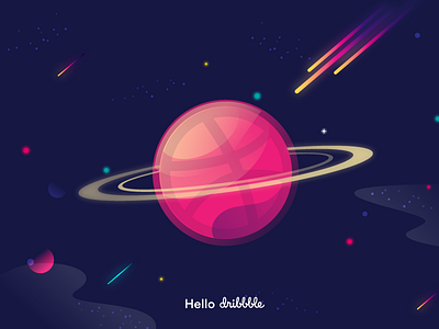 Hello dribbble astronaut dribbble eclipse hello illustration pink space spaced stars website