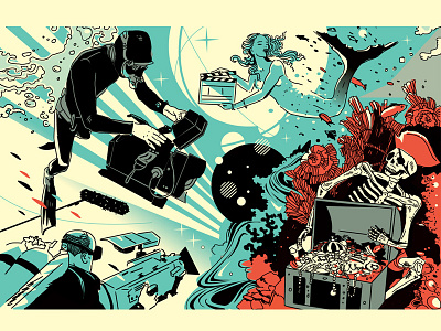 Illustration for «The Hollywood Reporter» magazine corals diver diving fish illustration mermaid pirate sea ship skeleton