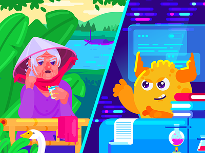Past and present art artist character cute design illustration illustration art illustrator monster old lady vector
