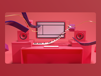 Music Production 3d animation cinema4d computer desk illustration keyboard midi music octane production soundwave speakers styleframe