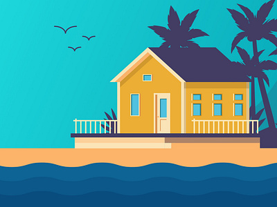 Beach House beach birds blue cyan flat home house illustration palm trees purple simple vector vector art water