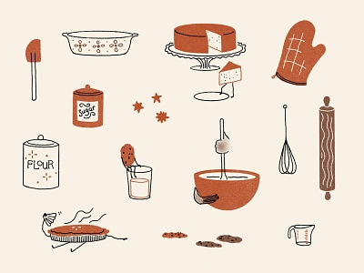 Baking Beans Illustration Set bowl brand design branding cake cookie cooking design drawing flour icon illustration pyrex red sugar vintage woman