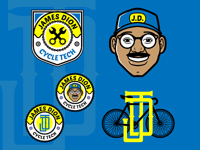 James Dion Cycle Tech badge bicycle shop brand cartoon design icon illustration logo mascot monogram patch design typography vector