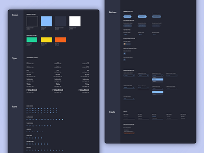 Dark UI style guide buttons colors dark app dark theme dark ui dashboard design system icons inputs library style guide styles typogaphy ui ui elements ux