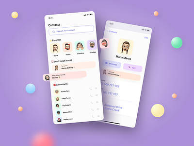 Contact book app call challenge colors contact book contacts emoji iphone memoji message mobile design mobile ui mobile ui design pastels reminder ui ui design uplabs uplabs challenge