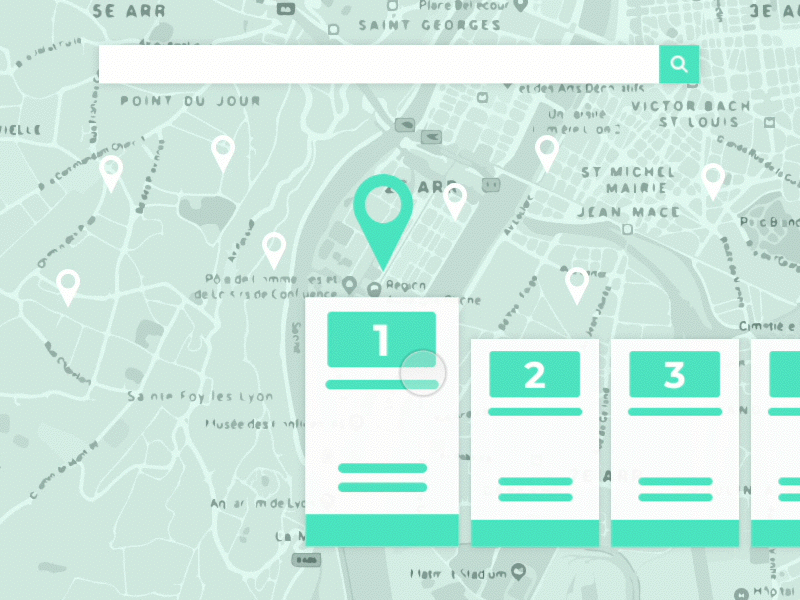 Navigation on a map with the help of mini cards animation cards concept interaction map principle ui ux webdesign