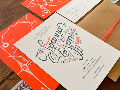 Wedding Invites coral illustration lettering letterpress typography