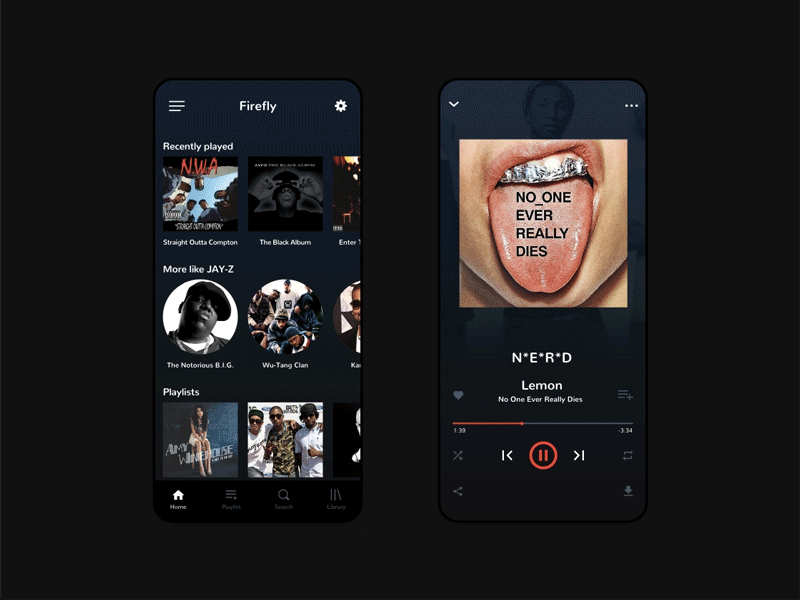 Music player app - dark vs light mode adobe xd app design dark mode interaction design ios app jay z light mode music app music player ui nerd notorious big nwa ui ui ux design user experience design user interface design ux wu tang