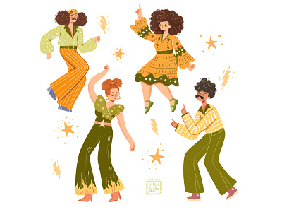 disco dancers character design dancers dancing disco funny green man music smiling vintage woman yellow