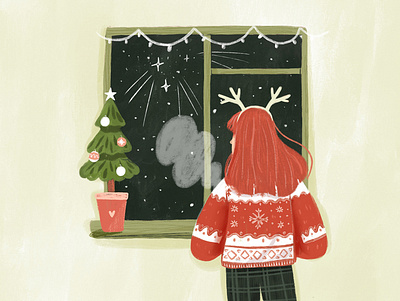 "Waiting for a Miracle" Christmas Card Design card character christmas cozy cute design festive girl girl character green illustration red simple snow sweater window winter xmas