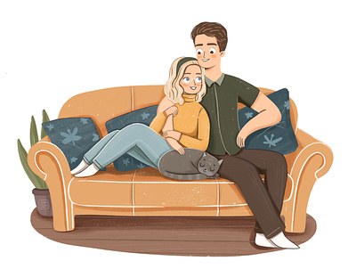 Family time - a couple on a sofa illustration blue cat character couple design digital family flat girl green illustration love yellow