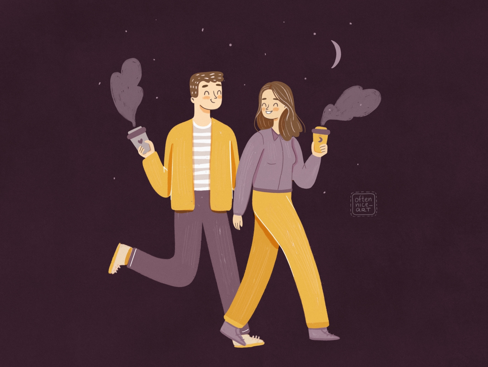 Couple enjoying a night walk character characterdesign characters coffee couple design flat girl girl illustration lifestyle love minimalist night personas purple to go walk woman womans yellow