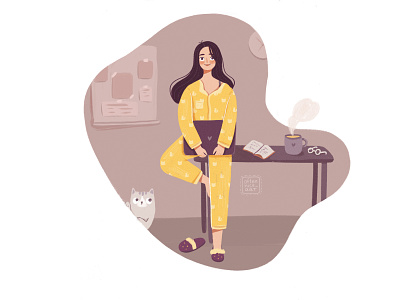 Freelance Girl at her Home Office cat character character design design digital art female flat freelance illustrator freelancer girl girl character grain home office illustration laptop pajama ui woman work from home yellow
