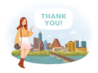 Thank you page illustration branding character character design design digital art female female character girl girl character illustration skyline texas thank you page ui website woman
