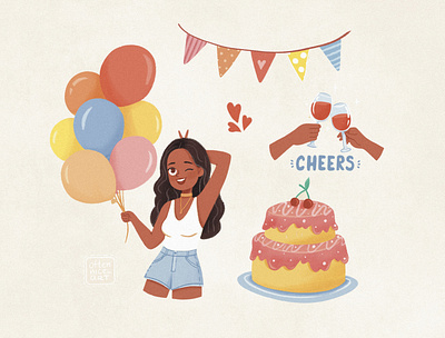 Party Time Illustration Set balloons black branding cake character character design design digital art female girl girl character grain happy illustration party stickers vintage woman yellow young